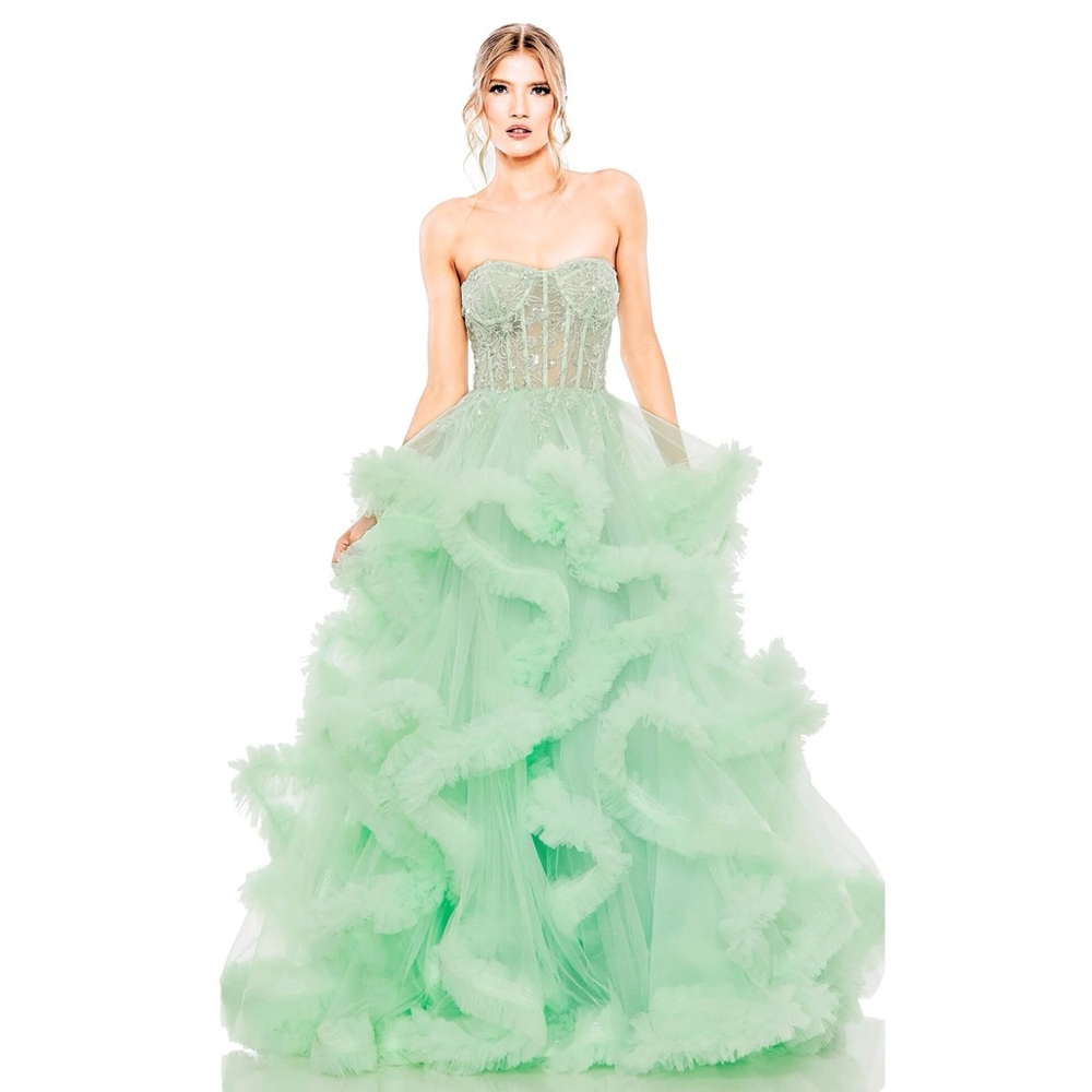 Mac Duggal 20542 Aqua Tulle Embellished Sweetheart Neckline Gown Size 0 NWT - Picture 1 of 10